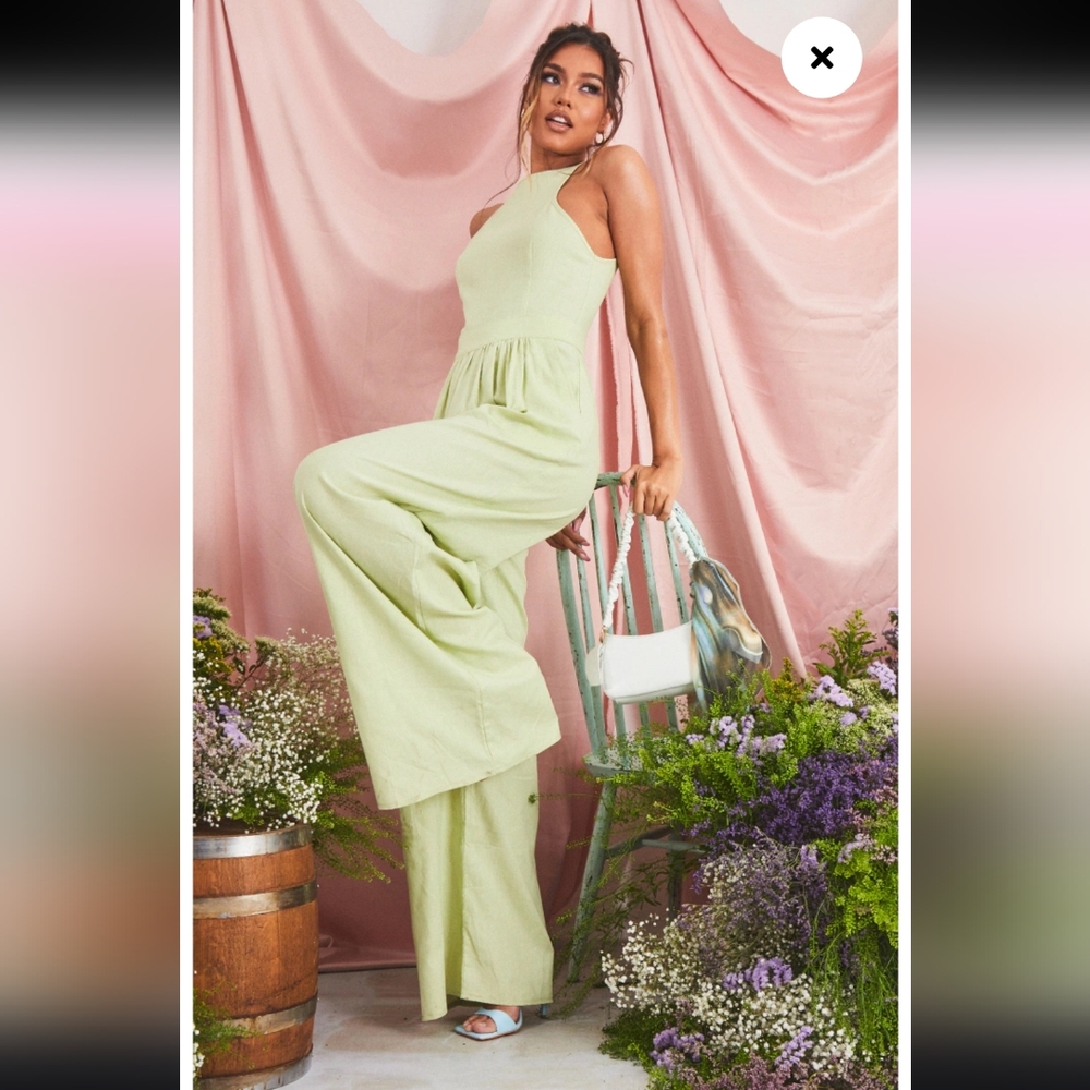 Sage Green Racer Neck Linen Look Wide Leg Jumpsuit 6